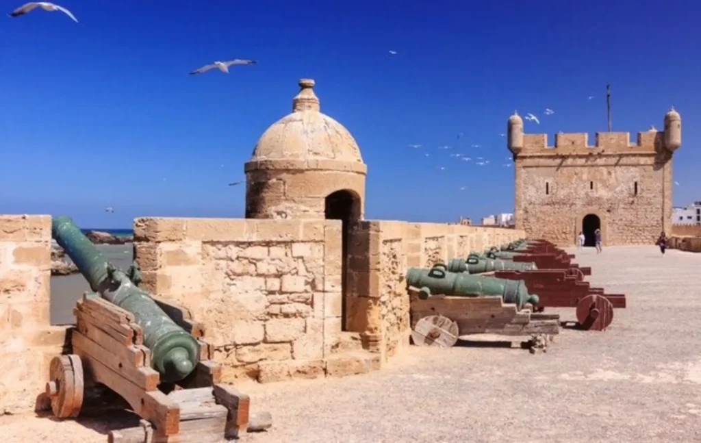Ancient bronze cannons lined up along the stone sea walls of Essaouira under a clear blue sky during a 12 days in Morocco tour.