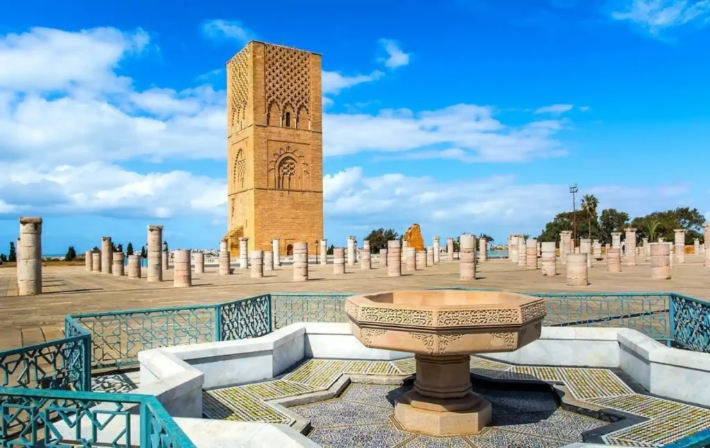 The historical red sandstone Hassan Tower and remaining mosque columns in Rabat, a key highlight of a Morocco 2 week itinerary.