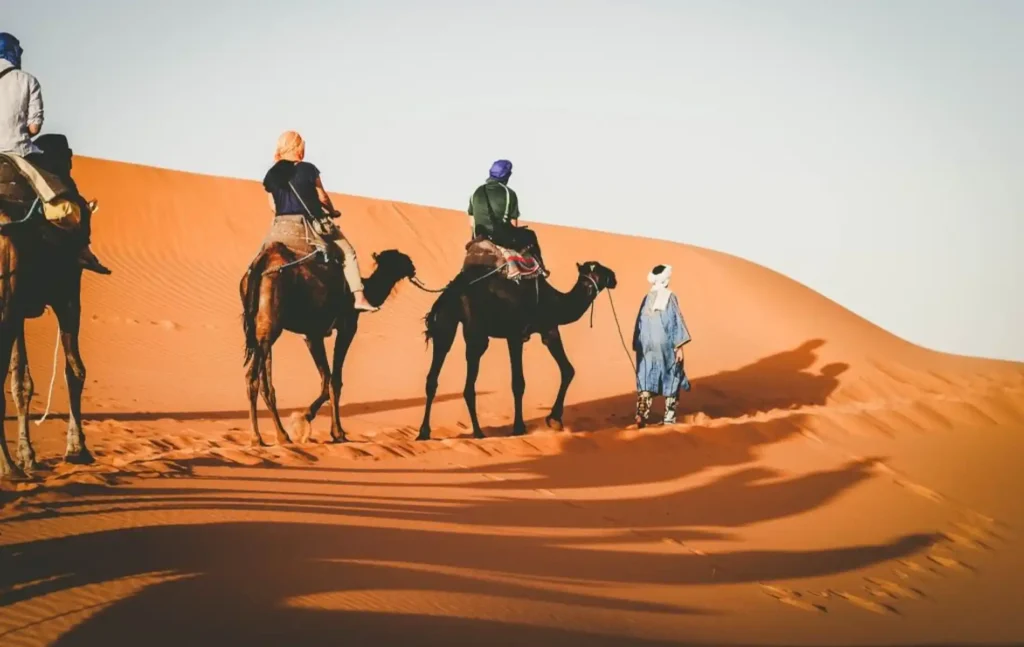 Travelers enjoying a camel ride at sunset during their Marrakech to Fes desert tours 4 days.