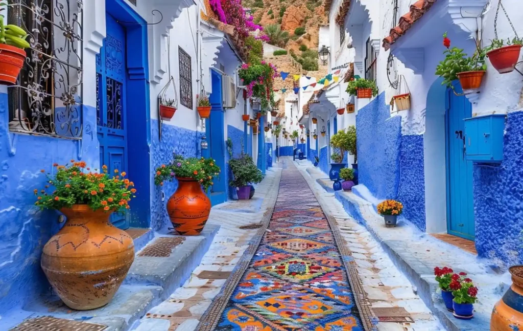 7 days morocco tour through the vibrant blue alleyways of Chefchaouen featuring white and blue washed walls lined with colorful flower pots and a traditional patterned rug runner leading through the narrow medina street to showcase the unique charm of the Blue Pearl
