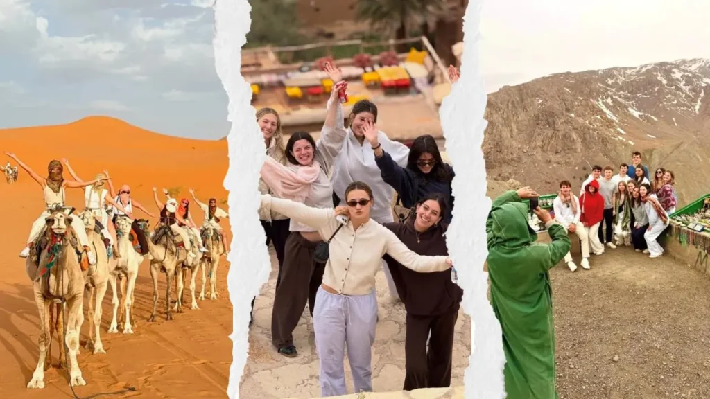A three-part photo collage of a group of friends on a 3 days desert tour from Marrakech, featuring a camel trek in the Erg Chebbi dunes, a group photo at a traditional riad, and a local guide in a green djellaba taking a photo of the group in the Atlas Mountains.