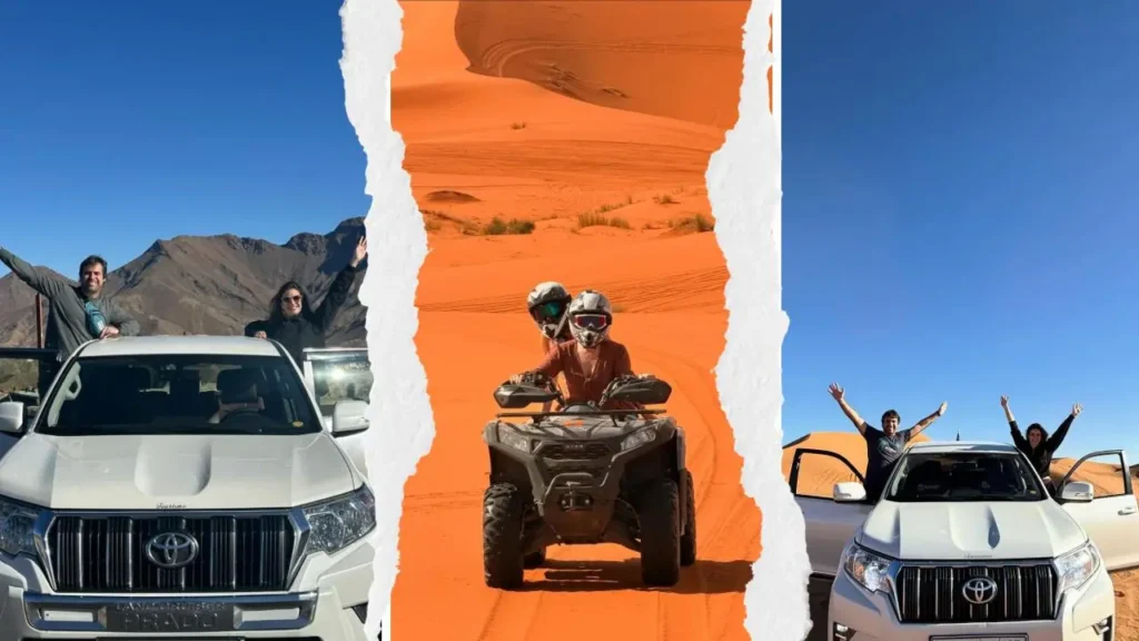 group of travelers enjoying activities during a 3 days desert tour from Marrakech. One section shows people posing on a white 4x4 vehicle with mountains in the background, another shows a person on an ATV quad bike in the orange desert dunes, and the final section shows people posing happily on the 4x4 with dunes behind them.