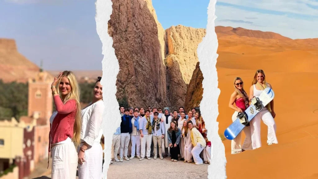 A collage of travelers exploring Todra Gorge, visiting ancient kasbahs, and sandboarding in the Sahara dunes during a 3 days desert tour from Marrakech.