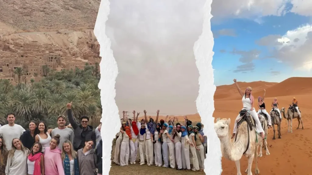 A collage of a happy travel group visiting a palm grove, celebrating in the dunes, and riding camels during a shared 3 days desert tour from Marrakech.