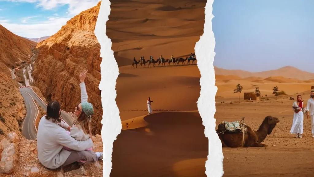 A torn-paper style collage showing a couple viewing a mountain canyon, a camel caravan on vast dunes, and travelers in a desert camp, all highlights of a shared 3 days desert tour from Marrakech.
