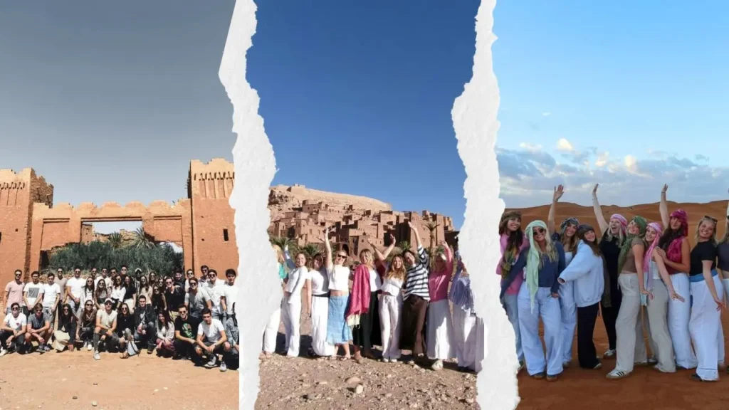A collage of large groups of travelers posing in front of the Ait Ben Haddou kasbah and on the sand dunes during a shared marrakech to fes desert tour 3 days.