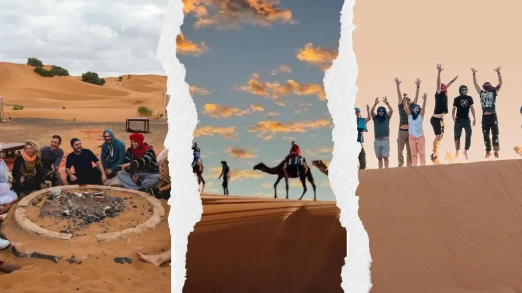 A collage featuring a group sitting around a campfire, a camel caravan at sunset, and tourists jumping on the dunes during a shared marrakech to fes desert tour 3 days.
