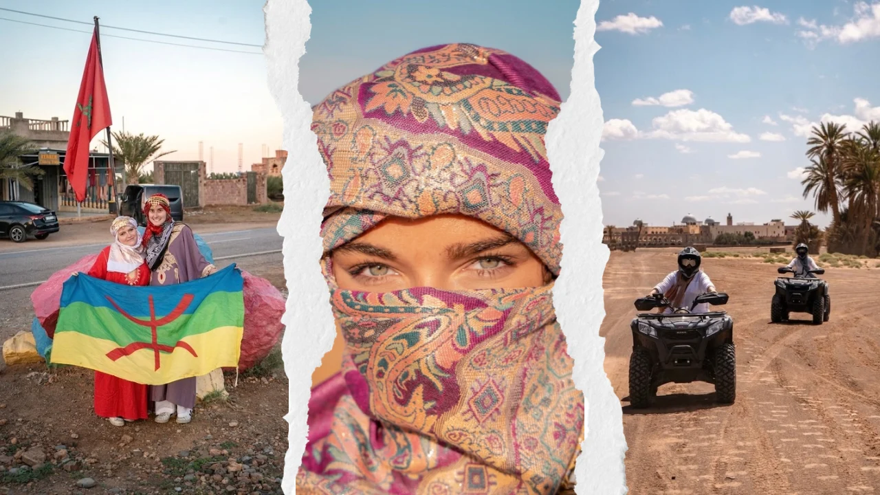A three-panel photo collage showcasing travelers in Morocco, featuring cultural cultural connections and a quad bike desert excursion, all part of memorable marrakech student trips.