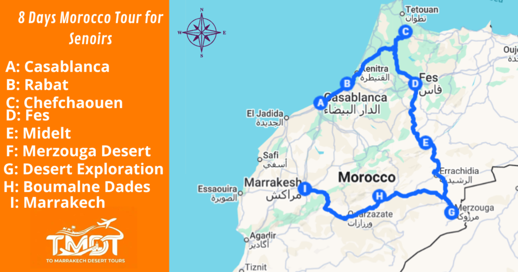 A map for an 8-day trip including Chefchaouen and the Sahara, representing one of the best morocco tours for seniors with a route through the Imperial cities and the desert.