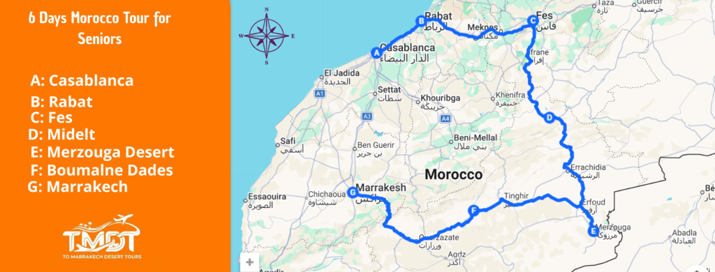 A detailed travel route map for morocco tours for seniors starting in Casablanca and visiting Rabat, Fes, and the Merzouga Desert before ending in Marrakech.