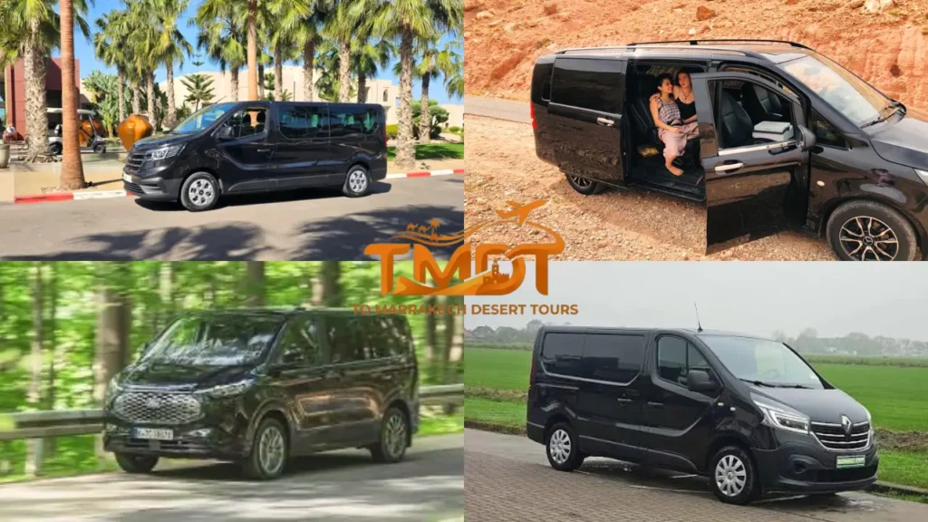 A collage showing the modern, air-conditioned private vans used during morocco tours for seniors, ensuring comfort and safety on the best morocco tours for seniors.