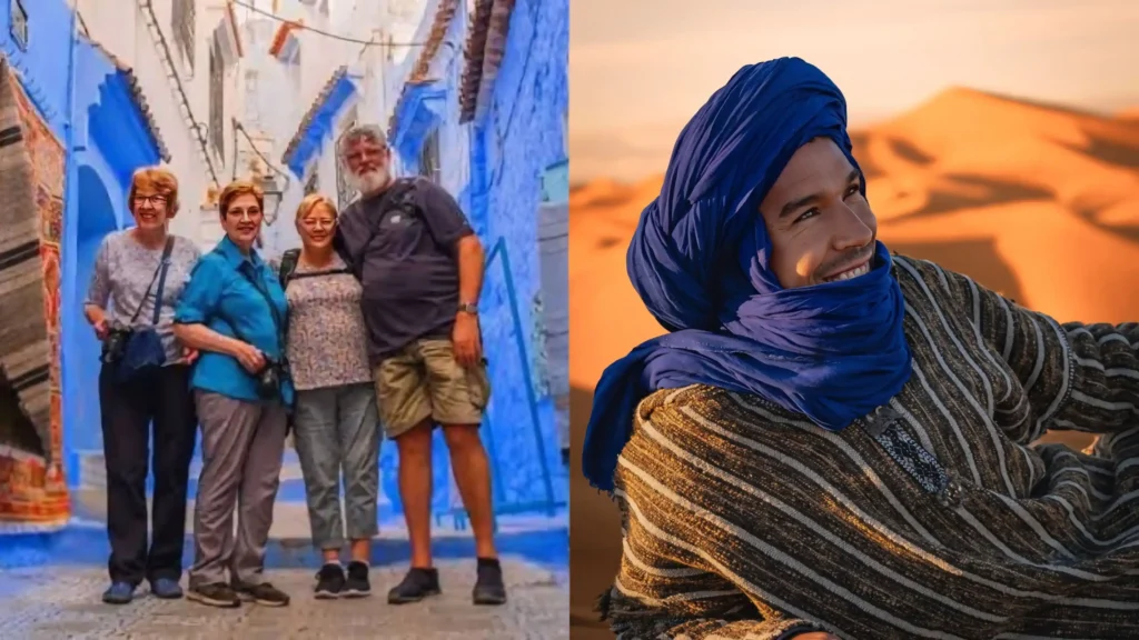 A group of friends enjoying morocco tours for seniors in the blue streets of Chefchaouen alongside a smiling local guide in the dunes, showcasing the best morocco tours for seniors.
