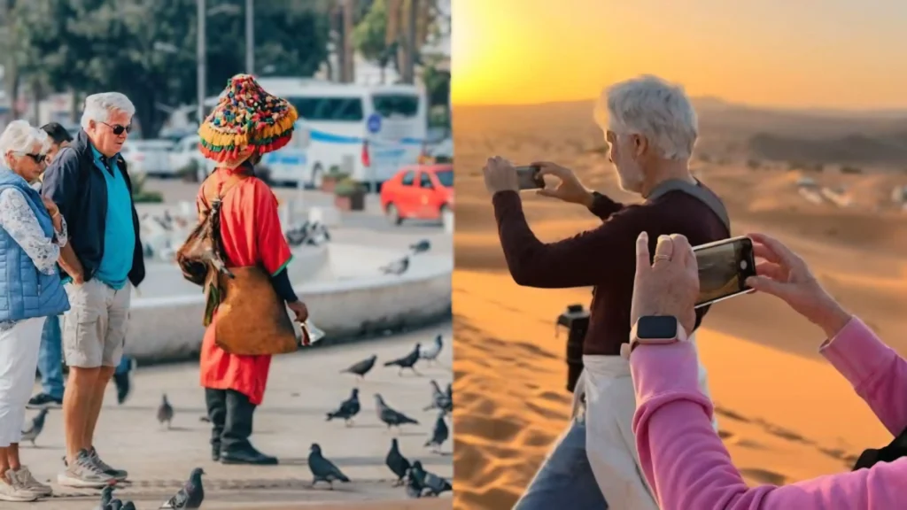 A senior couple observing a traditional water seller and taking photos of a golden sunset in the desert, representing the morocco tours for seniors.