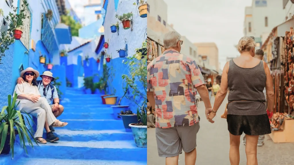 A senior couple sitting on the blue steps of Chefchaouen and walking hand-in-hand through a market, showcasing the relaxed lifestyle of morocco tours for seniors.