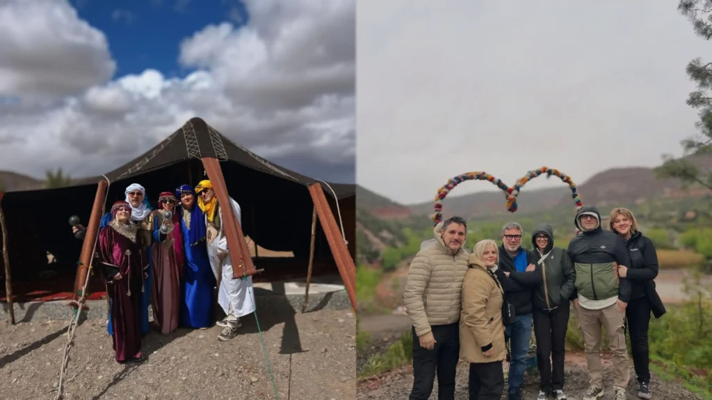 A group of travelers posing in traditional Berber clothing by a desert tent and enjoying a scenic mountain overlook, highlighting the social fun of morocco tours for seniors.