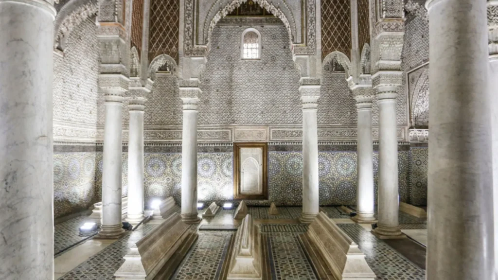 Things to do in Marrakech visiting the stunning marble pillars and historic architecture of the Saadian Tombs