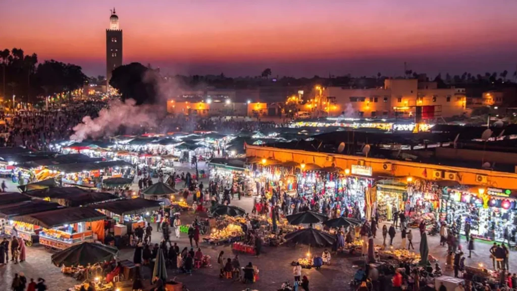 Things to do in Marrakech experiencing the lively Jemaa el-Fnaa food stalls and souks at night
