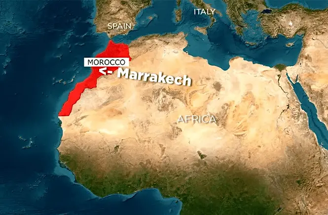 Map showing where is Morocco Marrakech located in North Africa relative to Europe and Spain