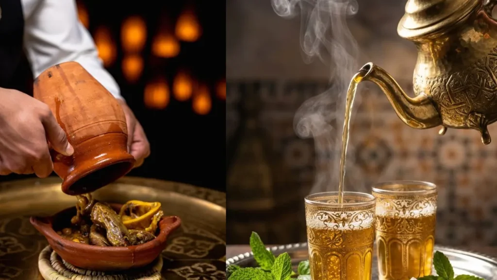 Things to do in Marrakech tasting traditional slow-cooked Tanjia Marrakchia and pouring hot Moroccan mint tea