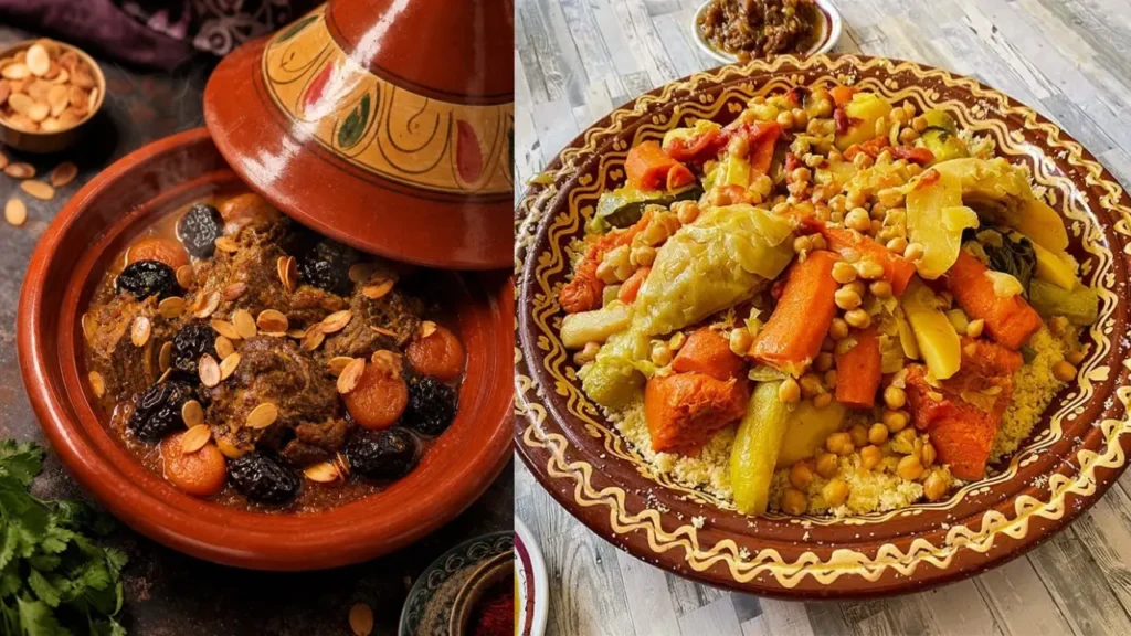 Things to do in Marrakech tasting traditional beef tagine with prunes and a large Moroccan couscous platter