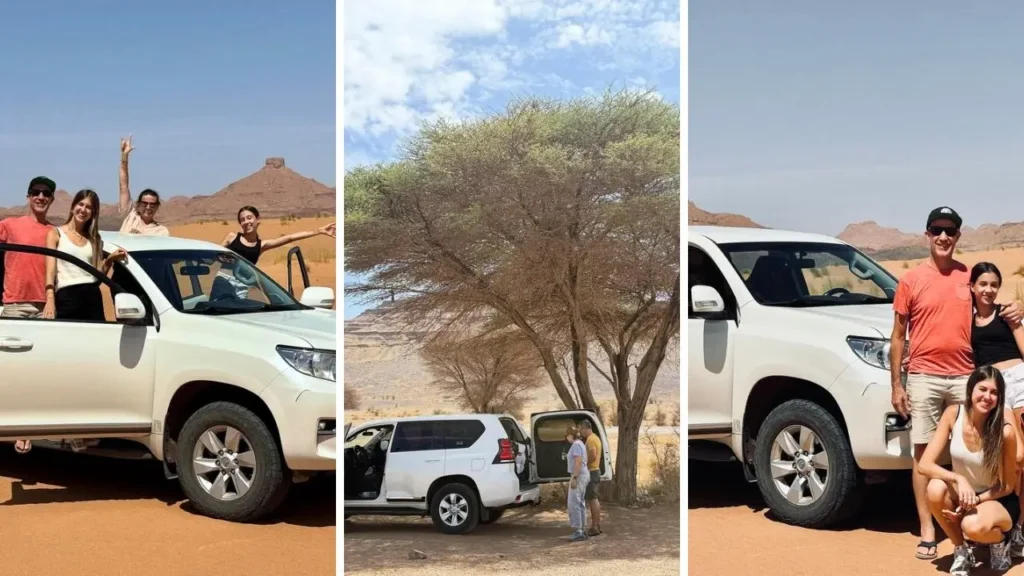 Things to do in Marrakech booking a 4x4 desert tour with To Marrakech Desert Tours showing tourists with a Toyota Prado SUV in the desert