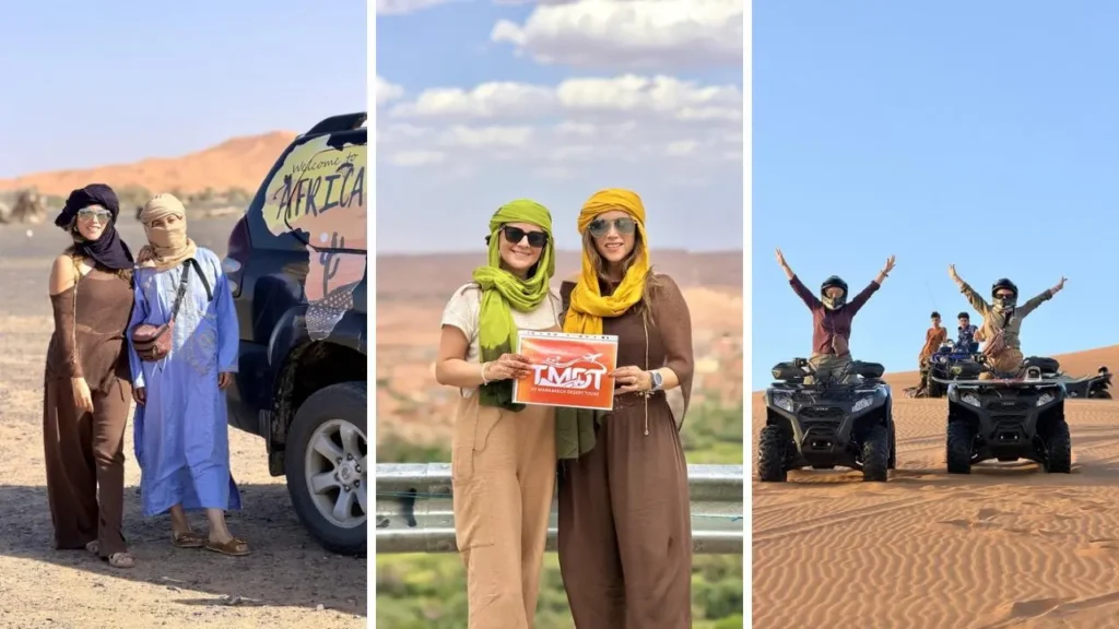 Things to do in Marrakech booking a desert safari with To Marrakech Desert Tours featuring women travelers on a 4x4 tour and quad biking in Merzouga