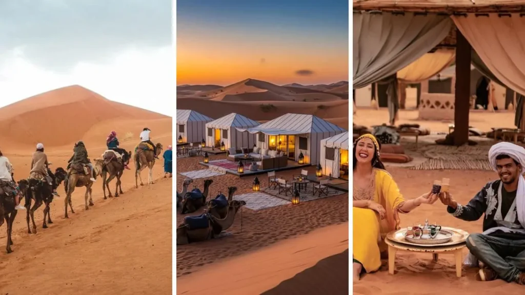 1 night in Merzouga desert tour showing camel trekking luxury tents and drinking traditional mint tea with To Marrakech Desert Tours
