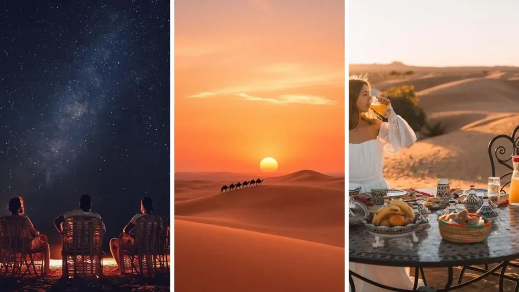 1 night in Merzouga desert tour showing starry night sky golden sunset camel caravan and outdoor breakfast over the sand dunes