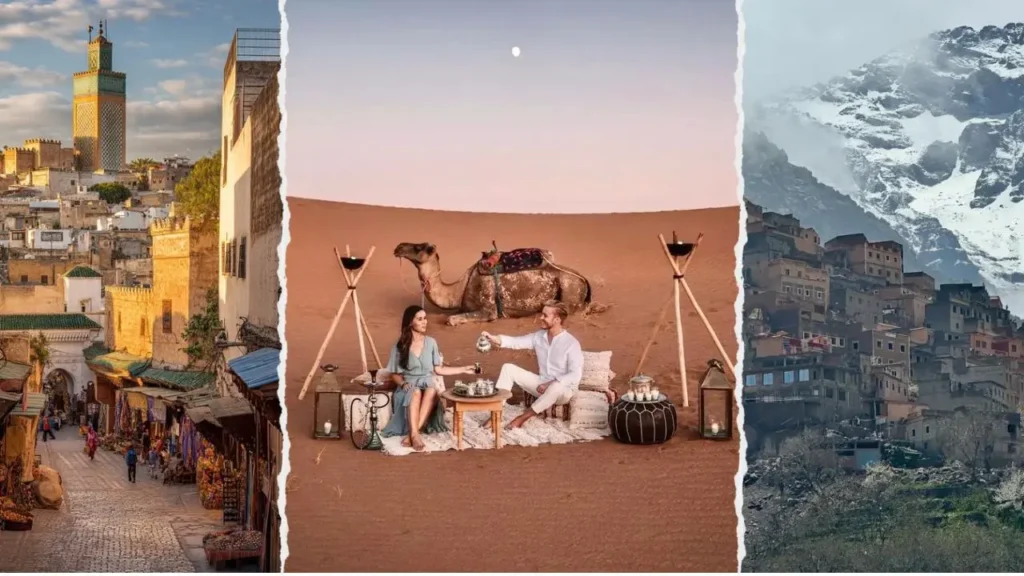 12 day morocco itinerary showing a torn-paper collage of a busy Fes medina street, a couple having mint tea in the Sahara desert, and a mountain village in the High Atlas with To Marrakech Desert Tours