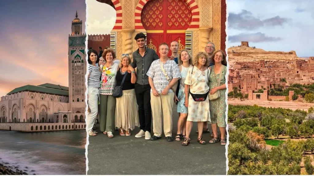 12 day morocco itinerary showing a collage of the Hassan II Mosque in Casablanca, a happy tour group at an imperial palace gate, and the ancient Ait Benhaddou ksar with To Marrakech Desert Tours