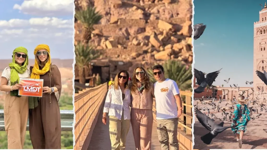 Morocco itinerary 14 days featuring a torn-paper collage of travelers holding a company sign near a valley, a group walking by an ancient village, and a woman among flying pigeons by the Koutoubia Mosque minaret with To Marrakech Desert Tours
