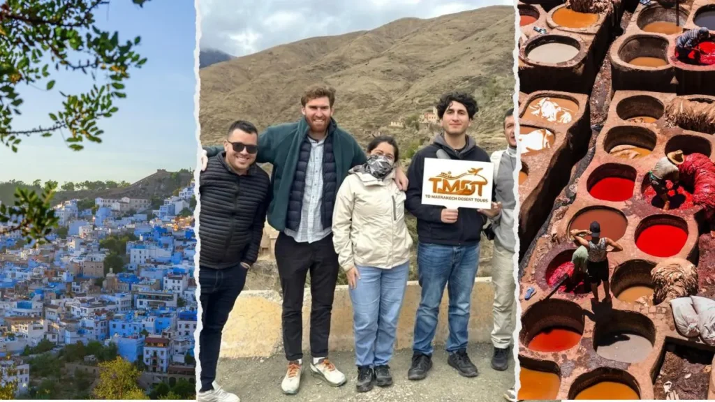 Morocco itinerary 14 days featuring a torn-paper collage of the Chefchaouen blue medina hillside, a group of travelers holding a company sign in the Atlas Mountains, and workers at the historic Fes leather dye vats