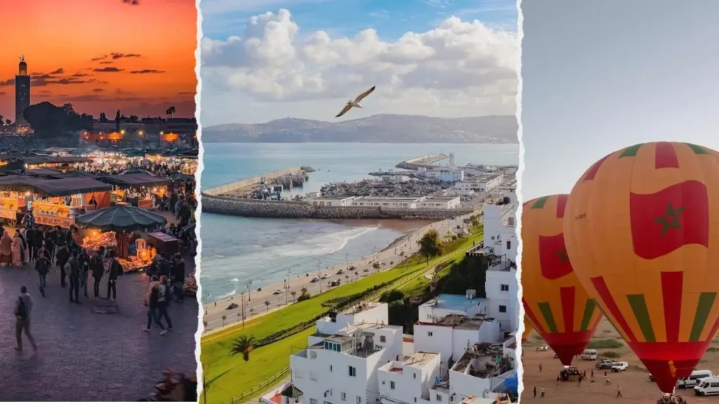 Morocco itinerary 14 days featuring a torn-paper collage of the bustling Jemaa el-Fnaa square at sunset, the scenic Mediterranean coastline of Tangier, and hot air balloons decorated with the Moroccan flag with To Marrakech Desert Tours