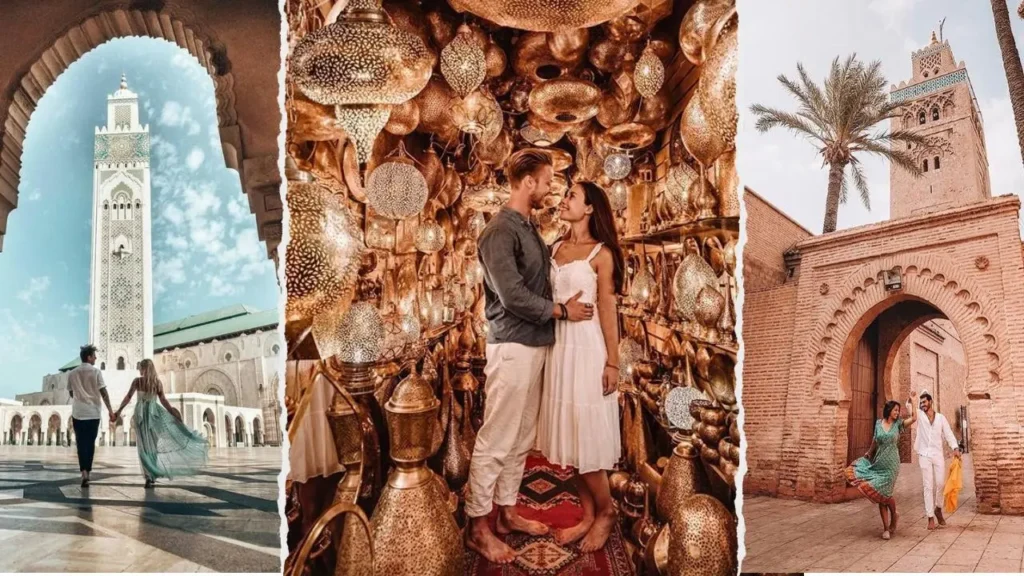 Morocco itinerary 14 days featuring a torn-paper collage of a couple holding hands at the Hassan II Mosque, a couple inside a glowing brass lamp shop, and a couple dancing near the Koutoubia Mosque archway