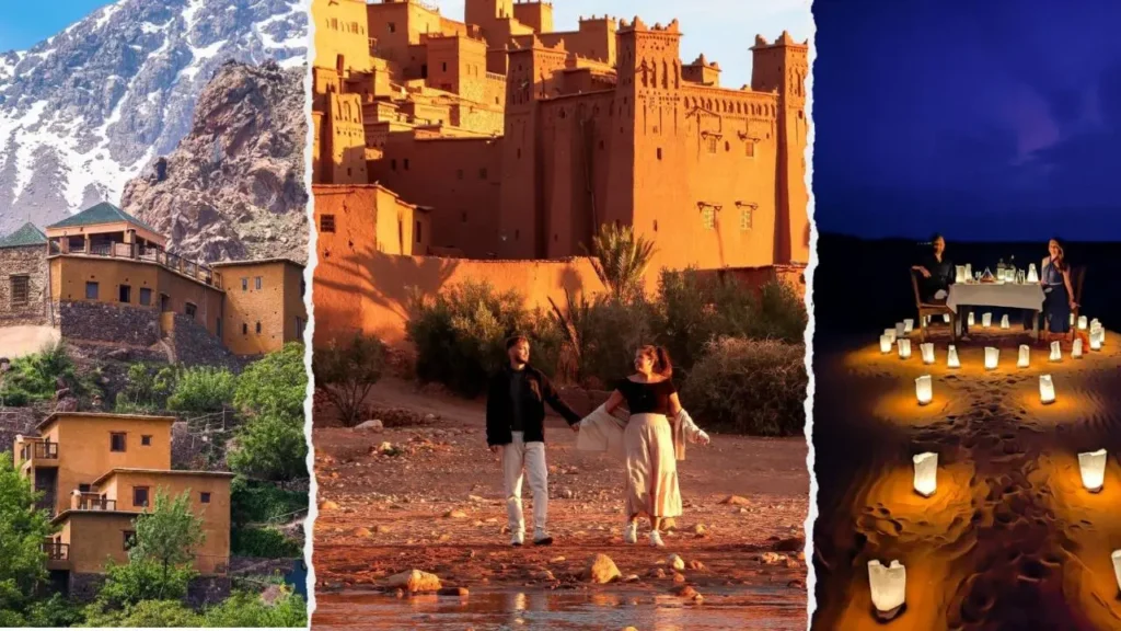 Morocco itinerary 10 days featuring a torn-paper collage of traditional stone buildings nestled below snow-capped Atlas Mountain peaks, a couple holding hands in front of the sunlit Ait Benhaddou kasbah, and an intimate candlelit dinner setup on the Sahara dunes at night