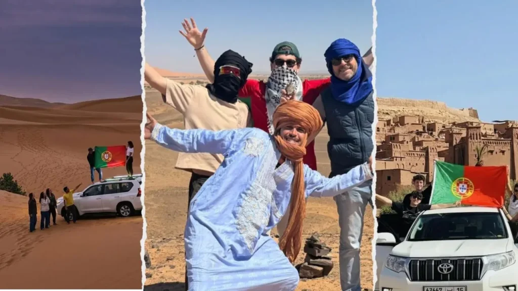 Morocco itinerary 10 days featuring a torn-paper collage of travelers with a Portuguese flag by a 4x4 in the sand dunes, a joyful group posing with their local guide in the desert, and tourists holding a flag in front of Ait Benhaddou