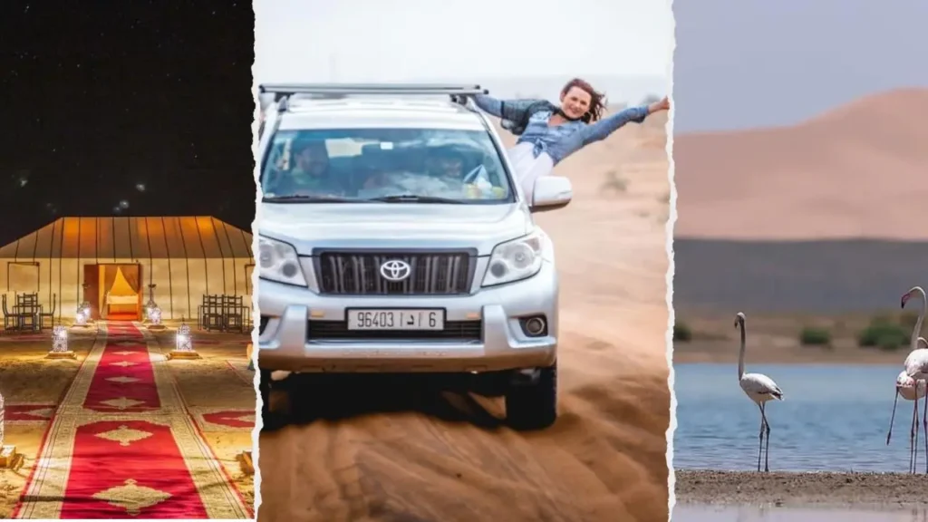 Morocco itinerary 9 days featuring a torn-paper collage of an illuminated luxury desert tent at night with a red carpet entrance, a female traveler leaning out of a silver 4x4 vehicle driving on sand dunes, and wild pink flamingos at a desert lake shore
