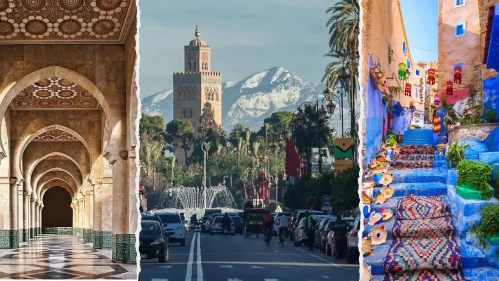 Morocco itinerary 9 days featuring a torn-paper collage of repeating geometric arches in Casablanca, the Koutoubia Mosque minaret with snow-capped Atlas Mountains in Marrakech, and a colorful blue-painted street staircase in Chefchaouen