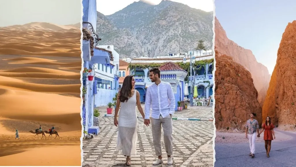 Morocco itinerary 9 days featuring a torn-paper collage of a camel caravan trekking through sand dunes, a couple holding hands in the blue city of Chefchaouen, and a couple walking through the massive cliffs of Todra Gorge