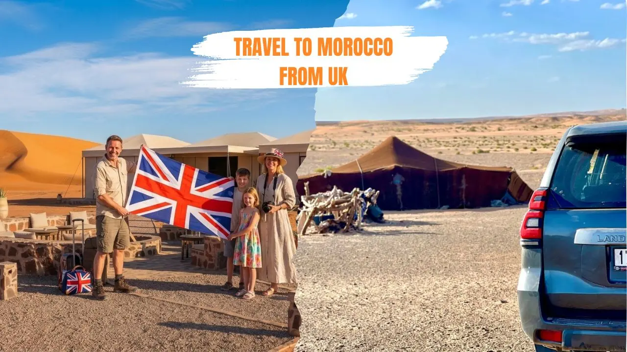 British family holding a Union Jack flag at a luxury desert camp next to a 4x4 tour vehicle, highlighting travel to morocco from uk.