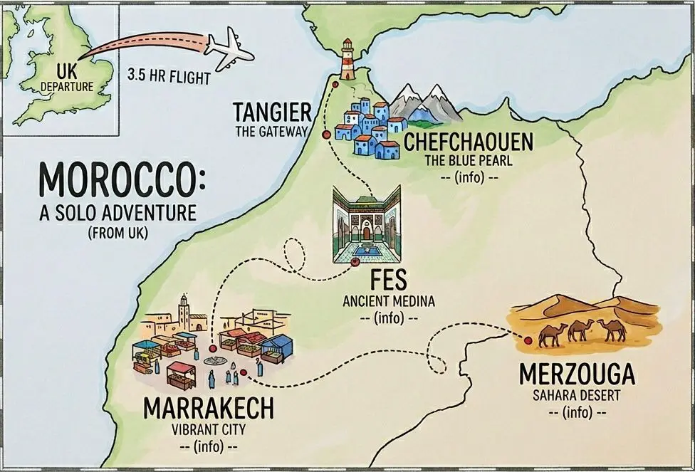Illustrated route map of Morocco showing an itinerary from Tangier through Chefchaouen, Fes, and Marrakech to Merzouga, highlighting travel to morocco from uk.