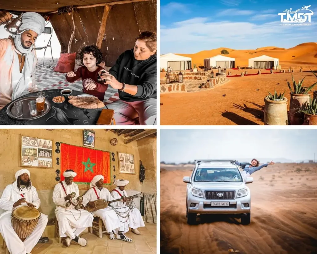 A four-panel travel collage showcasing a nomadic tea experience inside a tent, a luxury glamping camp among golden dunes, a local Gnawa music performance, and a tourist leaning out of a 4x4 Toyota Prado on a desert track, illustrating a 6 days tour from Tangier to Marrakech.
