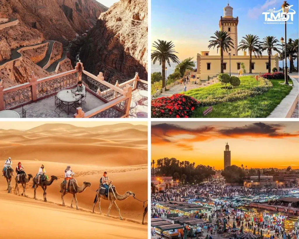 A four-panel travel collage showcasing a balcony view of the winding Dades Gorge road, Cape Spartel lighthouse in Tangier, a camel caravan trekking across Sahara sand dunes, and the sunset over Jemaa el-Fnaa square in Marrakech, illustrating a 6 days tour from Tangier to Marrakech.