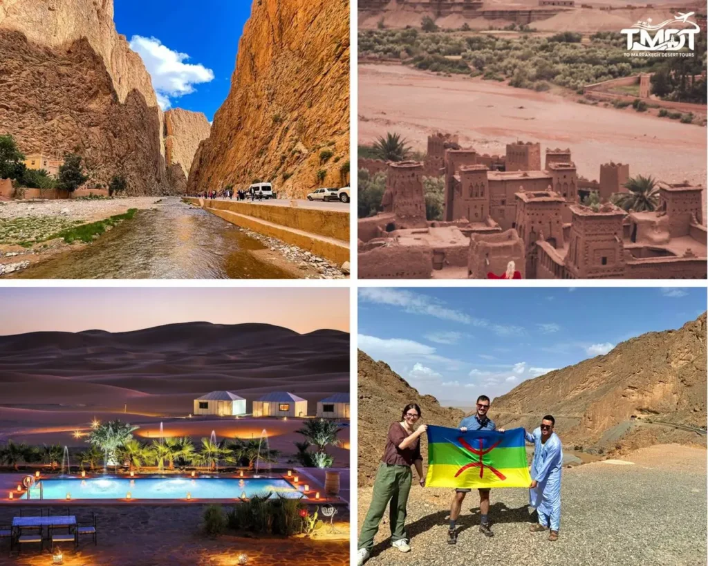 A four-panel travel collage showing the towering cliffs of Todra Gorge, the historic clay buildings of Ait Benhaddou kasbah, a illuminated luxury desert camp pool at dusk, and travelers holding an Amazigh flag with their local guide in the mountains, illustrating a 7 days tour from Tangier to Marrakech.