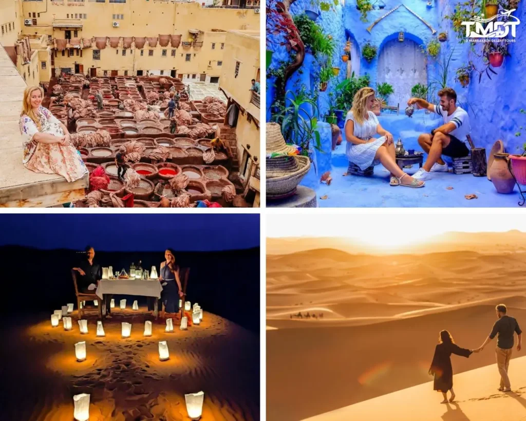 A four-panel travel collage showcasing a honeymoon couple overlooking the historic Chouara Tannery in Fes, a romantic couple sharing mint tea in a vibrant blue alley of Chefchaouen, a private candlelit dinner for two on a Sahara sand dune at night, and newlyweds walking hand-in-hand during a desert sunset, illustrating a 5 days tour from Tangier to Marrakech.