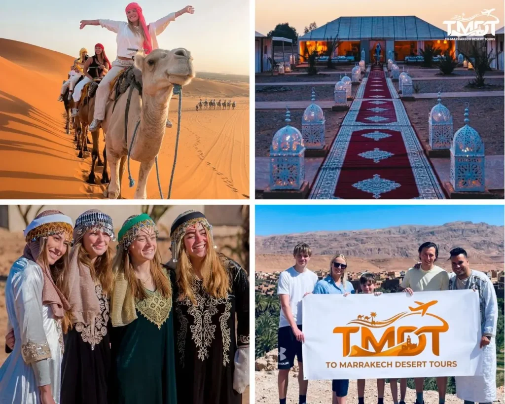 A four-panel travel collage showcasing female travelers on a camel ride across the Sahara Desert dunes, a red carpet lined with traditional lanterns leading to a luxury desert camp at twilight, four women smiling in traditional Amazigh dresses and headpieces, and a family posing with their local guide while holding a travel agency banner in front of a scenic valley, illustrating a 5 days tour from Tangier to Marrakech.