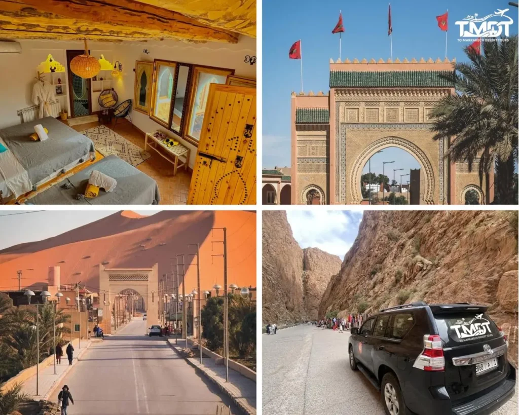 A four-panel travel collage showcasing a cozy traditional Moroccan bedroom inside a riad in the Dades Valley, the grand Bab Bou Jeloud gateway in Fes, a paved street entering Merzouga with a massive sand dune in the background, and a black 4x4 SUV parked inside the towering rock walls of Todra Gorge, illustrating a 5 days tour from Tangier to Marrakech.