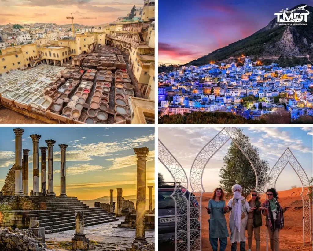 A four-panel travel collage showcasing the traditional stone vats of the historic leather tannery in Fes, a breathtaking twilight view of the blue city of Chefchaouen beneath a vibrant sunset sky, the ancient stone columns of the Roman ruins of Volubilis, and a group of travelers posing with a local guide under decorative white arches in the Sahara Desert, illustrating an 8 days Morocco tour from Marrakech.