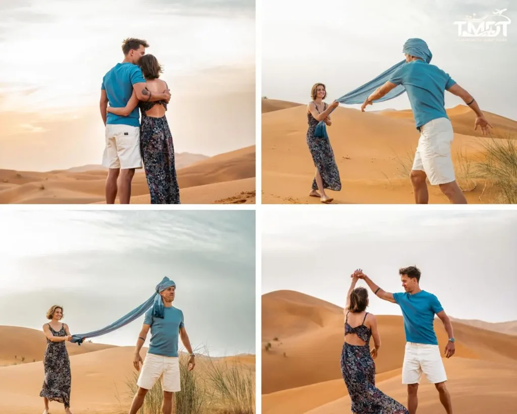 A four-panel travel collage showcasing a couple enjoying romantic moments on the golden dunes of the Sahara Desert, including embracing at sunset, playing with a long blue turban scarf, and dancing together, illustrating an 8 days Morocco tour from Marrakech.