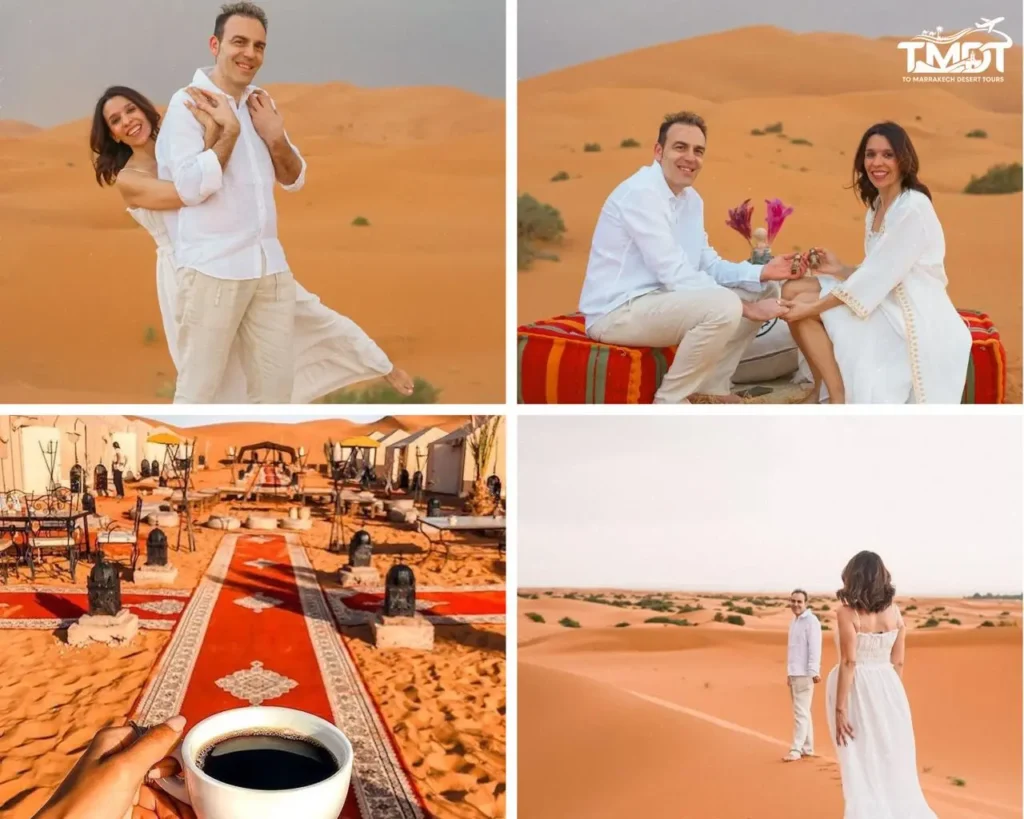 A four-panel travel collage showcasing a happy couple dressed in white embracing on the Sahara Desert sand dunes, sitting together on traditional floor cushions during a desert setup, a view of a luxury desert camp with red carpets and a hand holding a cup of black coffee in the foreground, and the couple walking through the sweeping golden dunes, illustrating a 10 days Morocco tour from Marrakech.